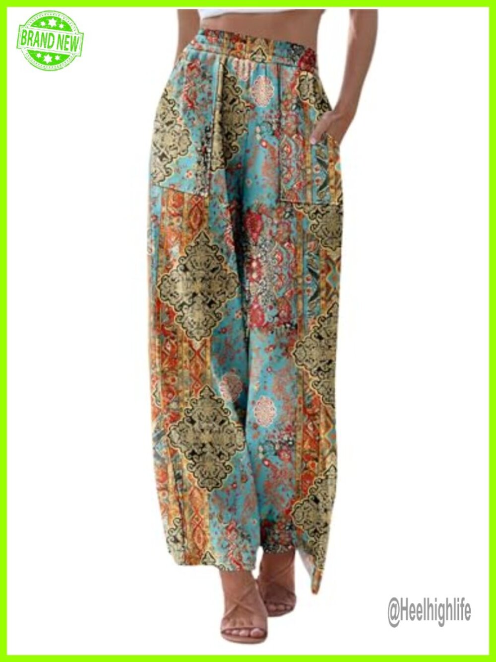Womens Summer Palazzo Pants High Rise Wide Leg Flowy Beach Trousers with Pockets